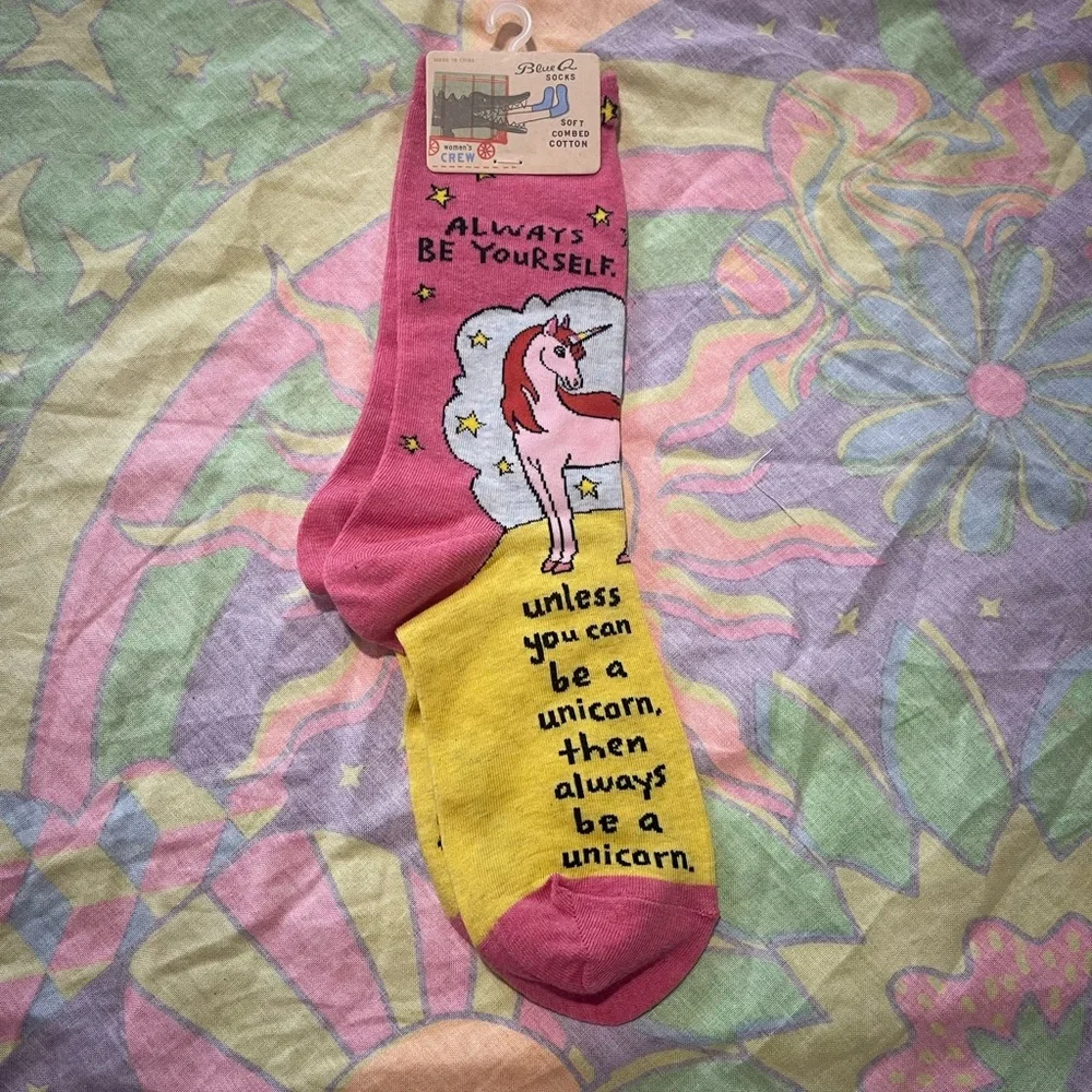 Blue Q Pink & Yellow Unicorn Crew Socks